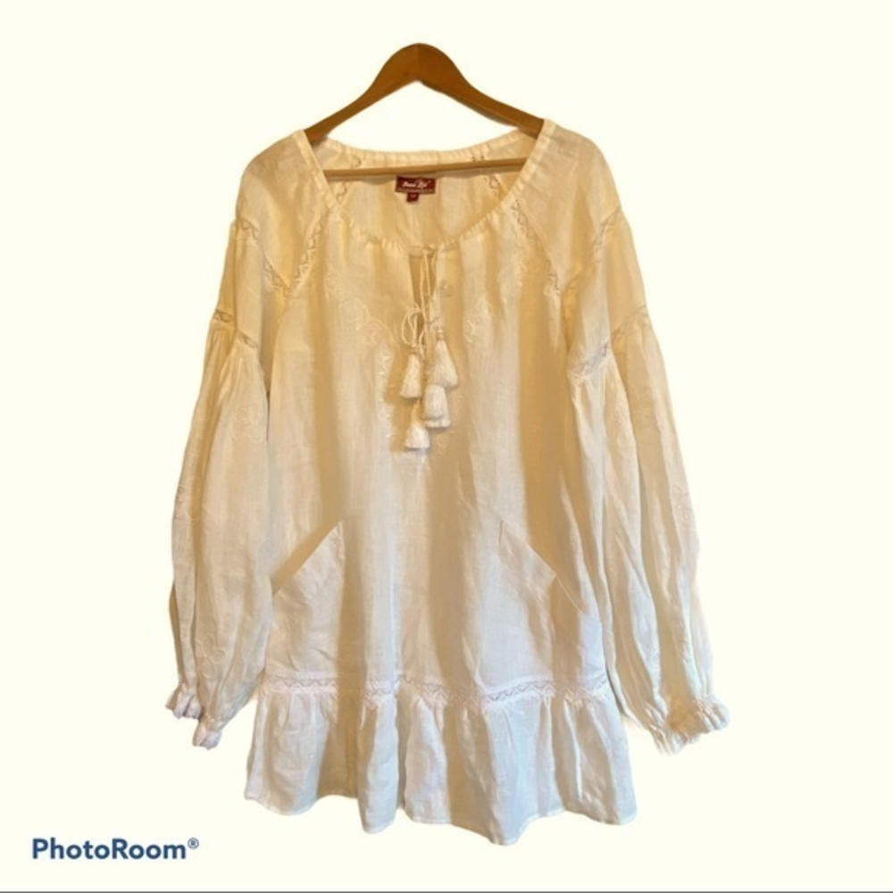 Inna Lee gorgeous white linen dress /cover up w pockets‎ gold tassels oversized